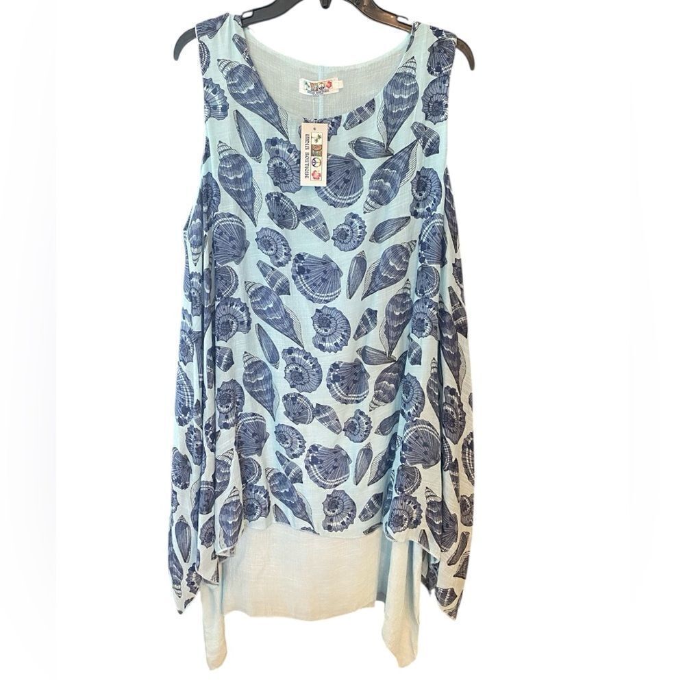 India Boutique NWT O/S Blue Shell Print Flowy Tank Lightweight Dress Swim Cover